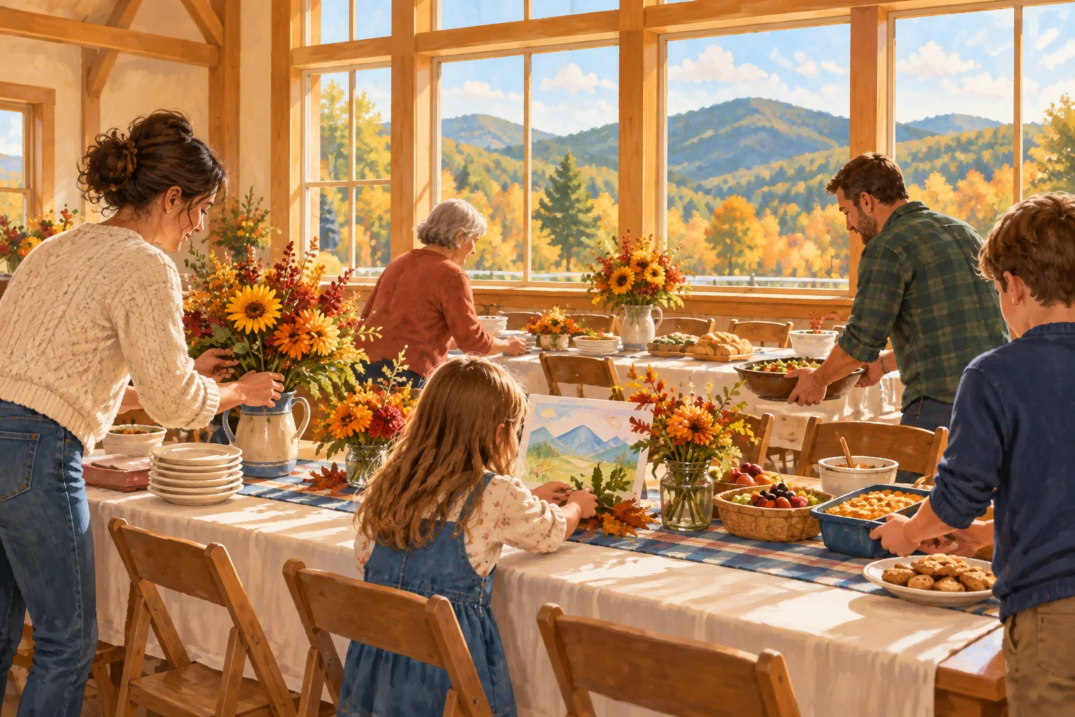 Editorial illustration of a multigenerational Vermont family arranging flowers and food at a community welcome table.