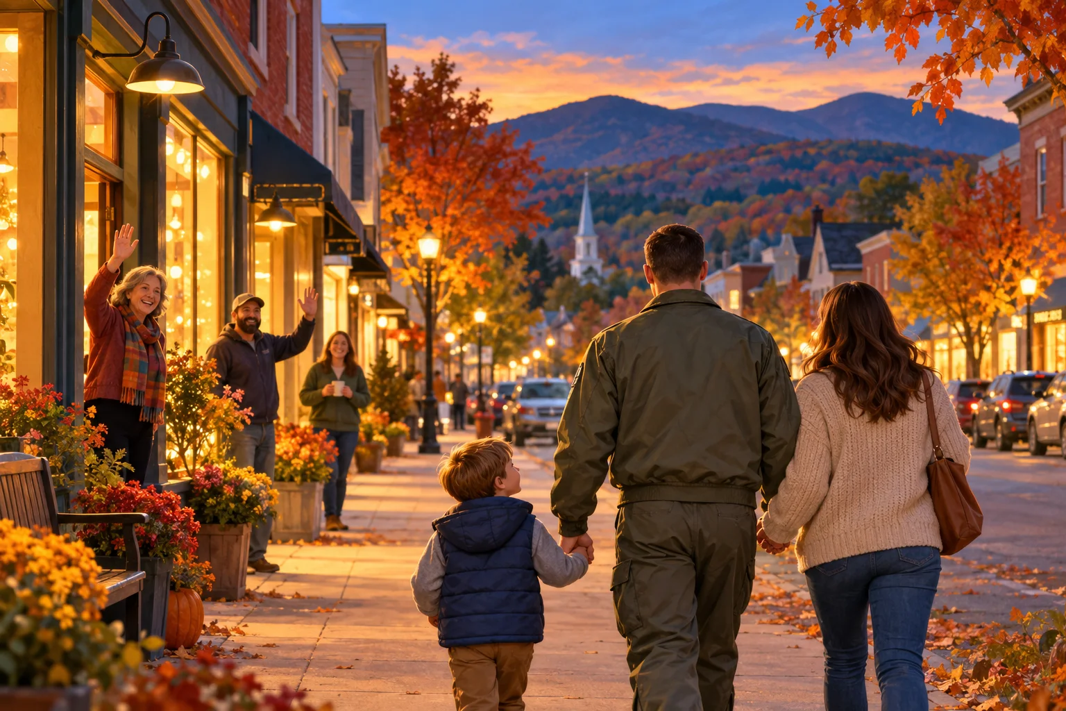 Editorial illustration of a family walking together on a warmly lit Vermont main street as neighbors wave.