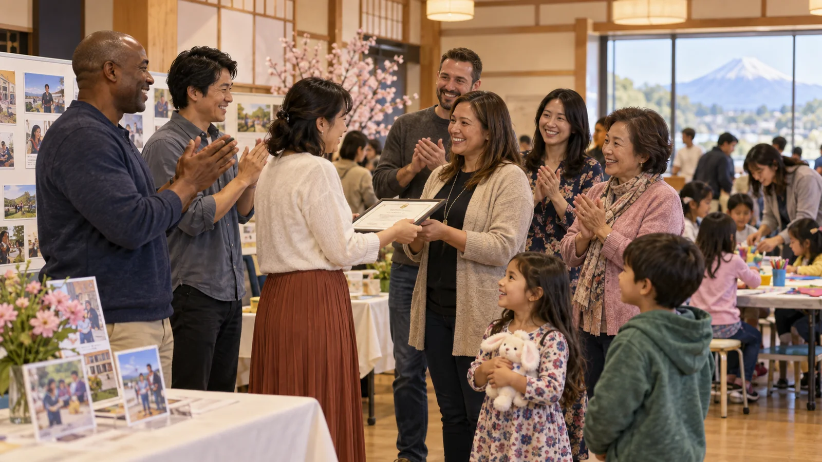 Editorial illustration of neighbors applauding a volunteer at a warm community recognition gathering.
