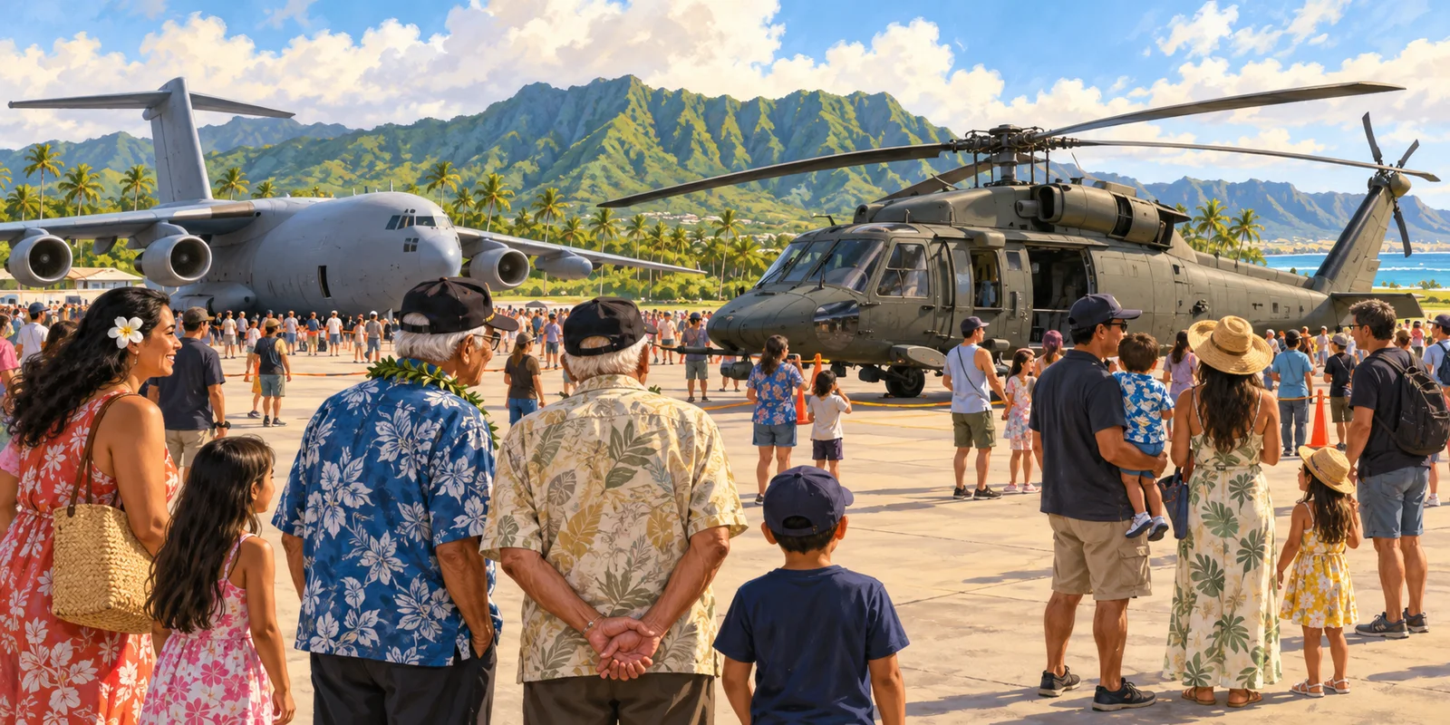 Editorial illustration of families and veterans viewing aircraft together at a Hawaiian airfield
