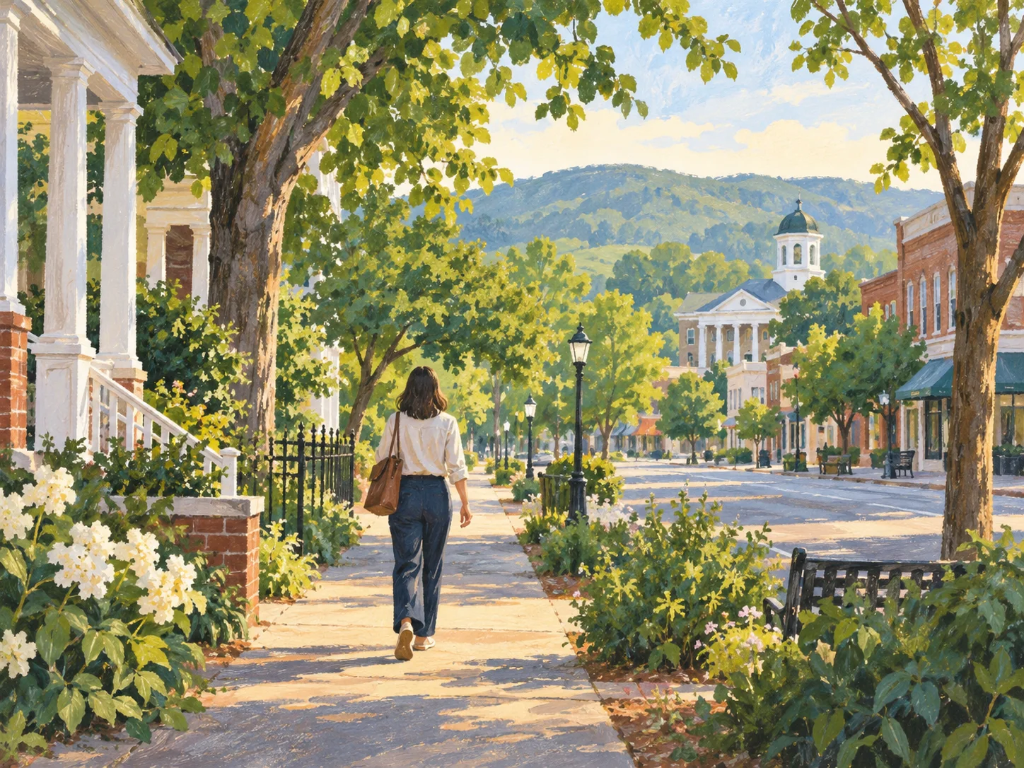 Editorial illustration of a person walking along a leafy Alabama town street toward a new workday