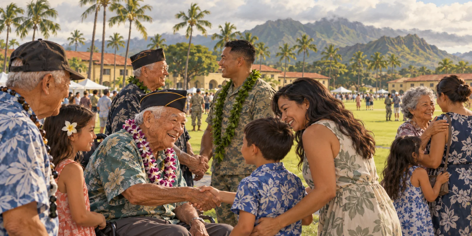 Editorial illustration of veterans, families and younger service members greeting one another at a Hawaiian anniversary gathering