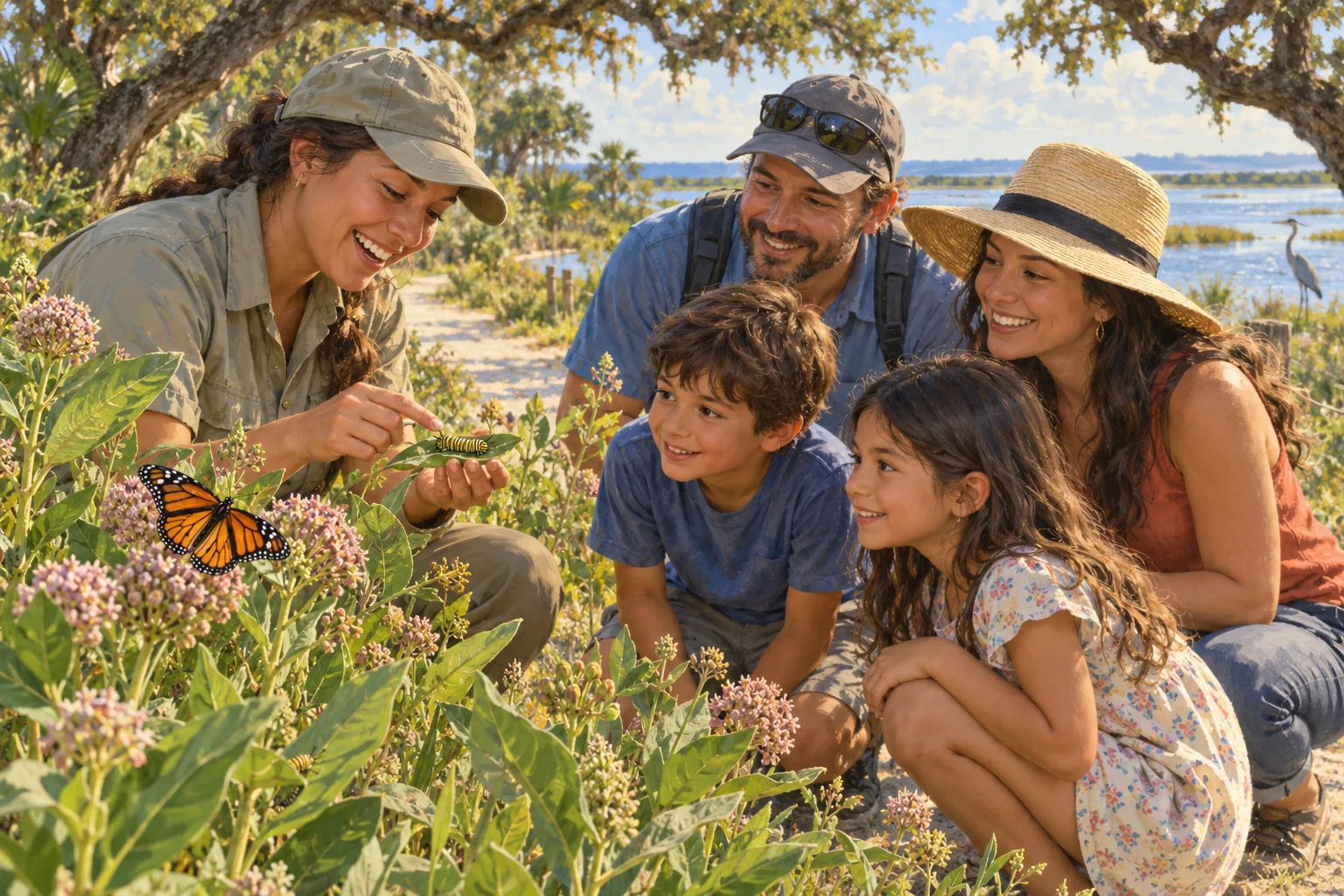 Volunteers plant native milkweed at a coastal Texas refuge as monarch butterflies pass nearby.