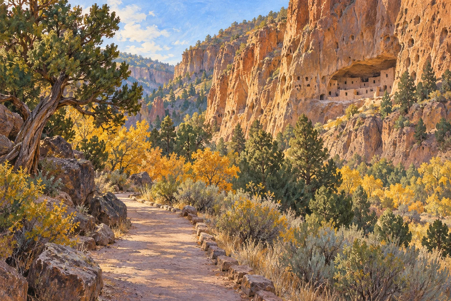 Editorial illustration of Bandelier’s autumn canyon landscape and Pueblo Loop path