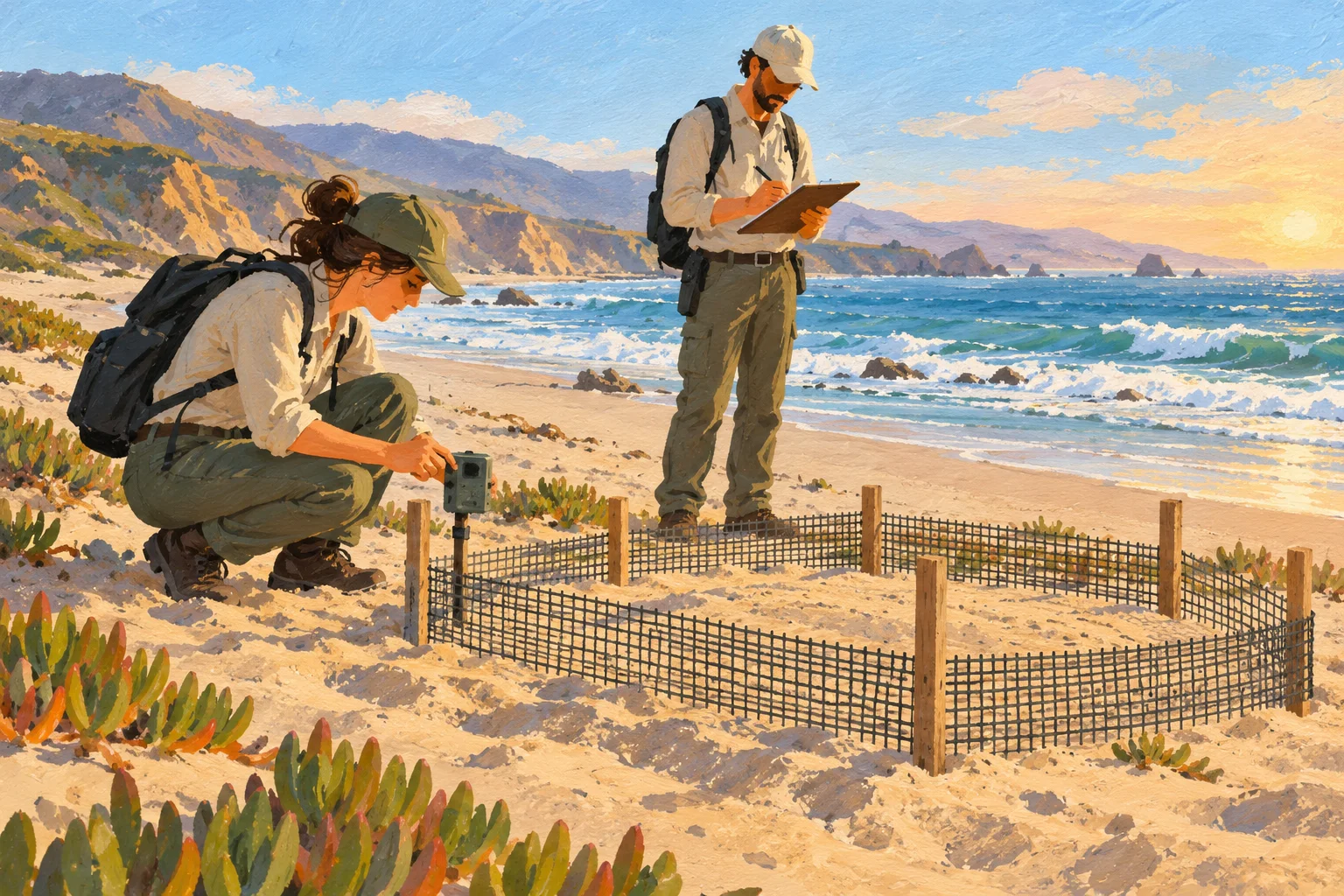 Editorial illustration of two wildlife biologists monitoring a protected sea turtle nesting area on a California beach
