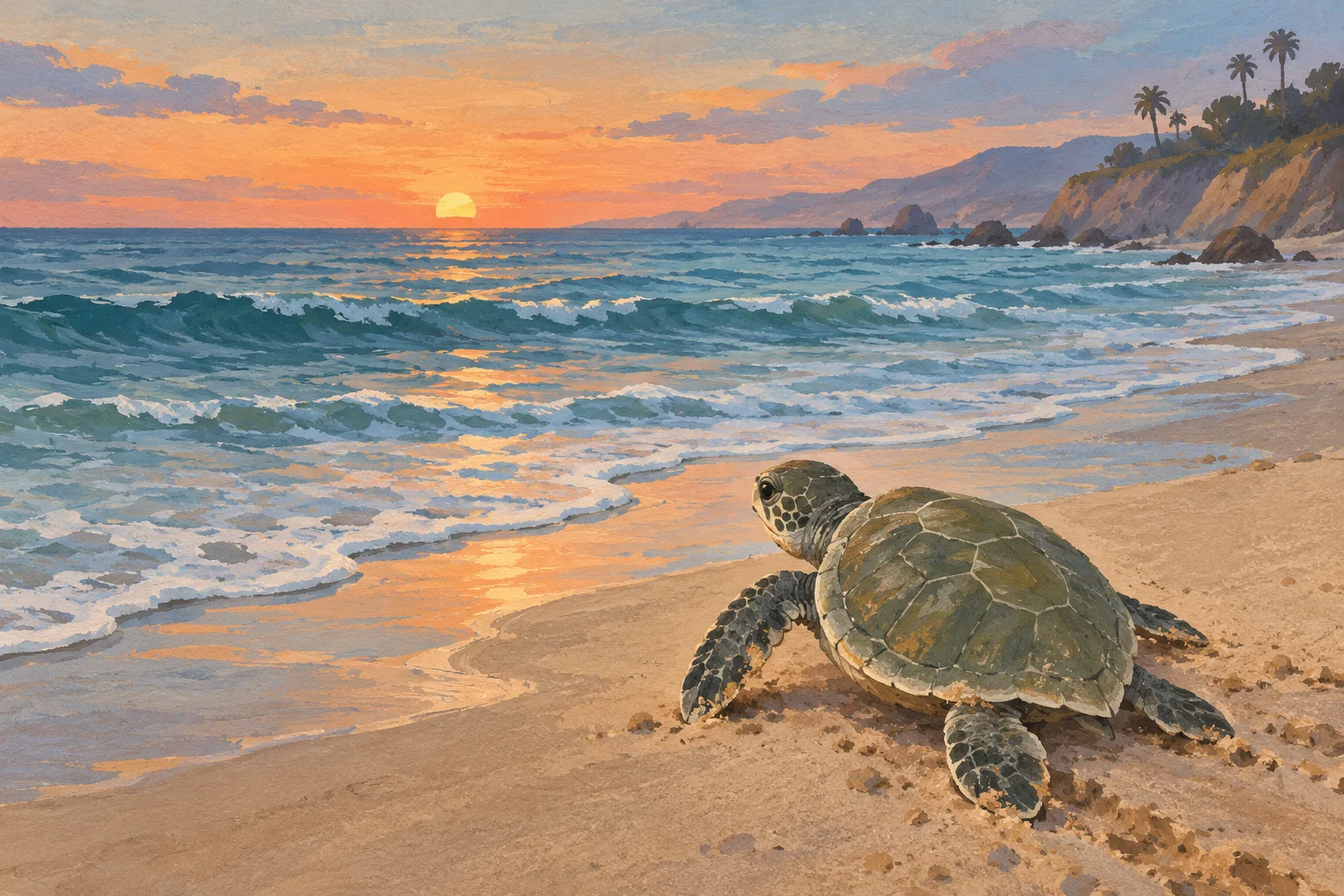Editorial illustration of an olive ridley sea turtle approaching the ocean at sunset on a Southern California beach