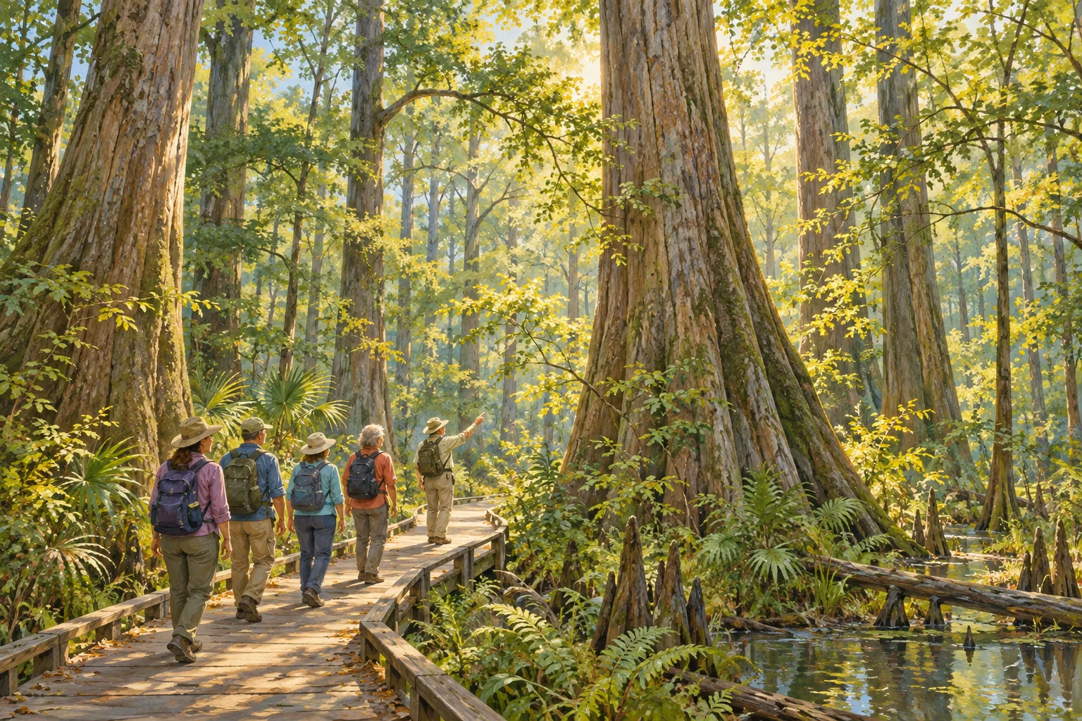 Visitors follow a volunteer naturalist along a boardwalk beneath Congaree’s tall hardwood trees.