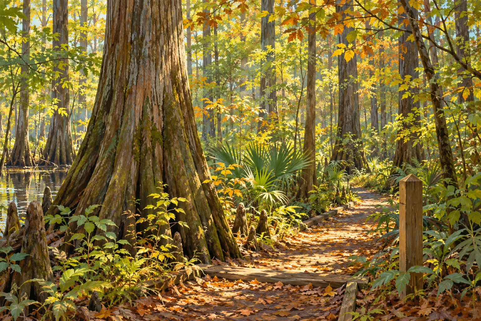 Autumn light falls across a broad hardwood trunk and a boardwalk through Congaree’s forest.