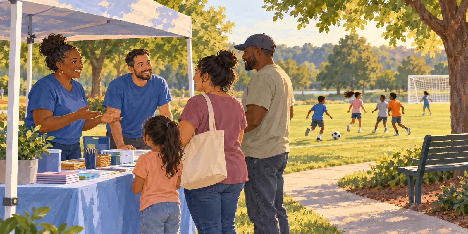 Editorial illustration of parents speaking with community resource volunteers beside a park sports field