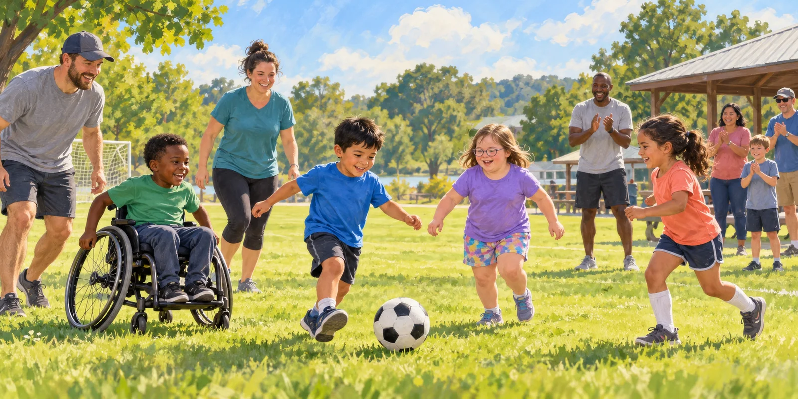 Editorial illustration of children and volunteer buddies sharing a soccer game at a sunny community field day