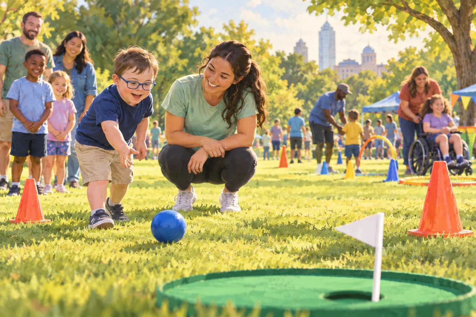 Editorial illustration of a child and volunteer buddy taking turns at a putting game during a park field day