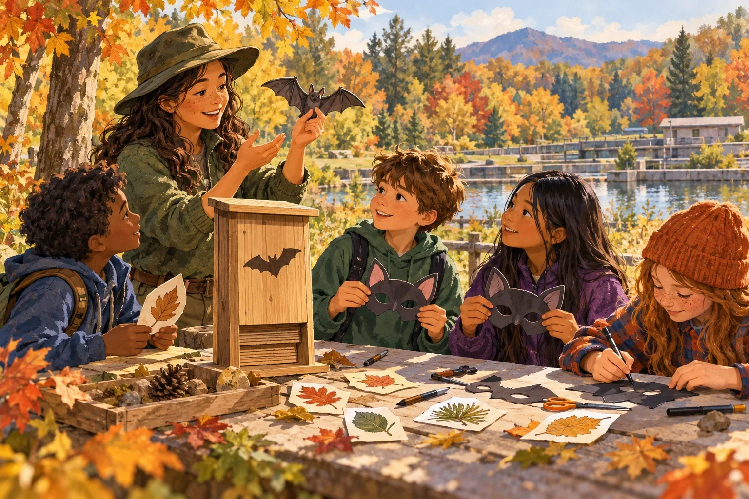 Editorial illustration of children exploring a bat house and making nature-themed masks with an educator