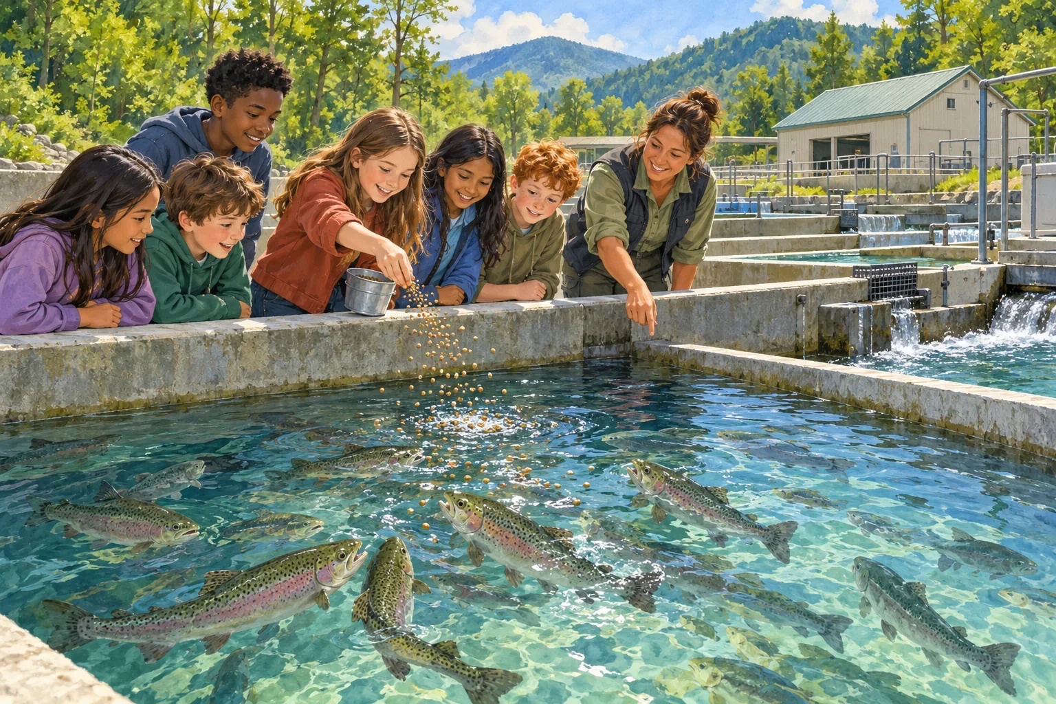 Editorial illustration of children learning about rainbow trout at a fish hatchery raceway