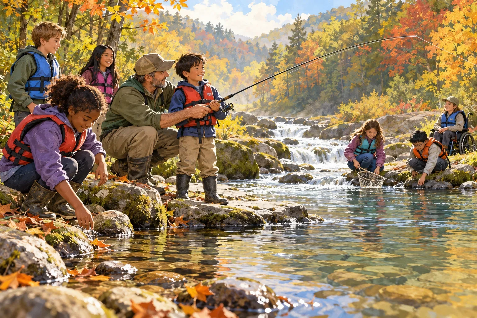 Editorial illustration of children learning to fish with a volunteer beside a Tennessee stream