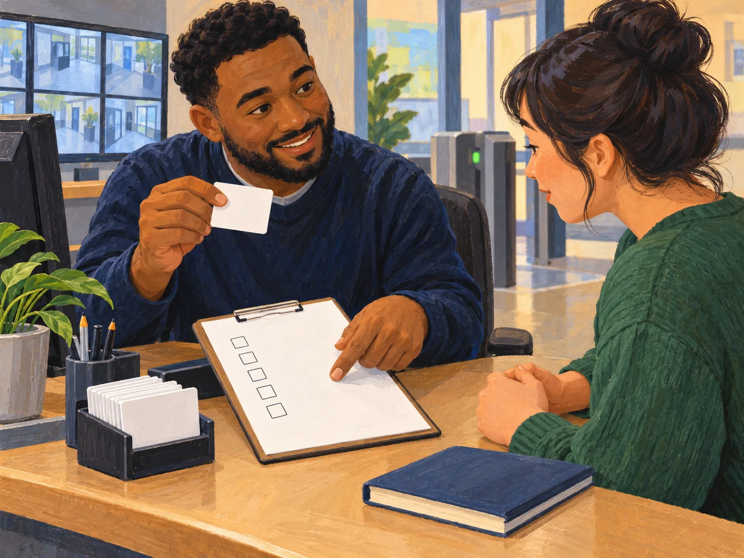 Editorial illustration of coworkers reviewing a blank access card and checklist during hands-on workplace training