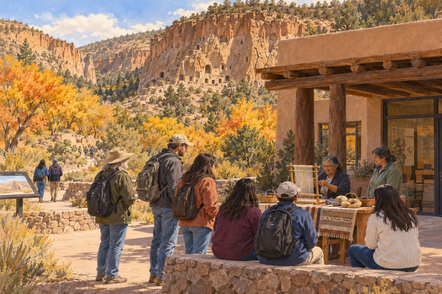 Editorial illustration of visitors learning together at Bandelier’s autumn Fall Fiesta