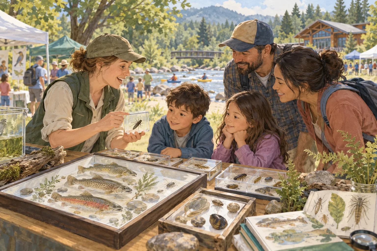 Editorial illustration of a family learning about river fish and insects with a volunteer naturalist
