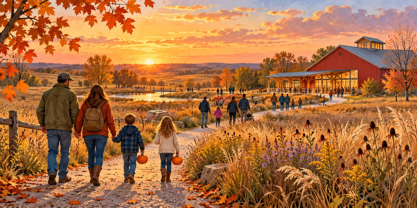 Editorial illustration of families walking toward an autumn gathering at a prairie heritage center, with children carrying pumpkins.