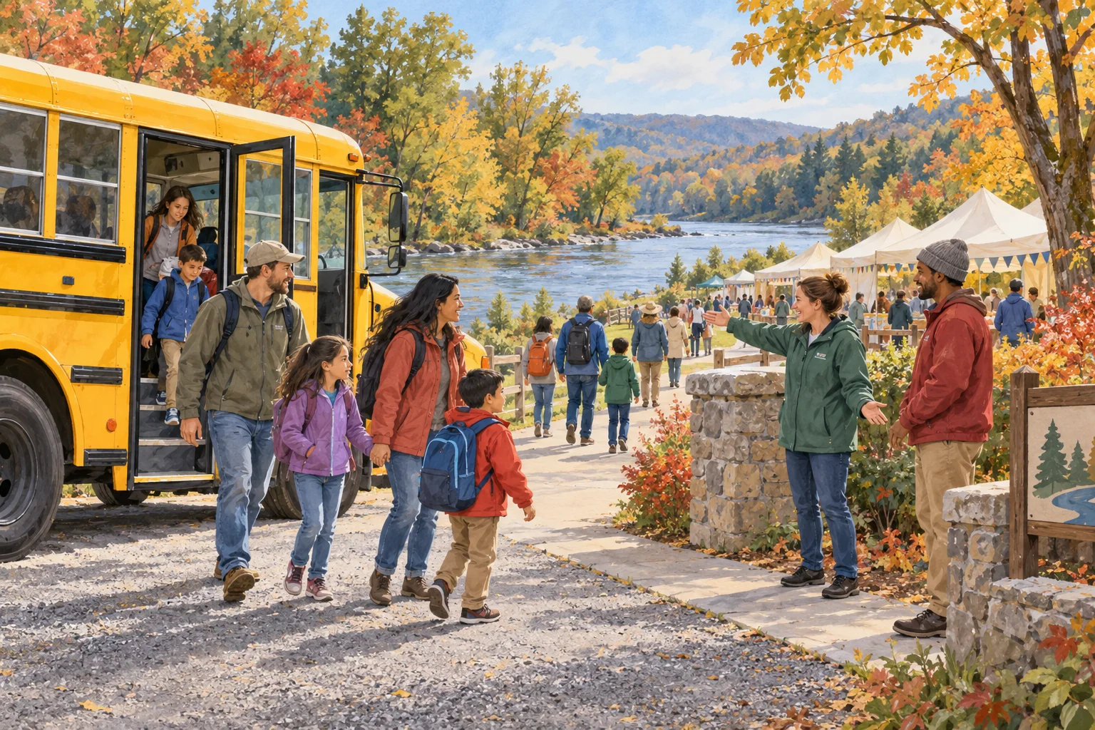 Editorial illustration of volunteers welcoming families from a shuttle at a riverside festival