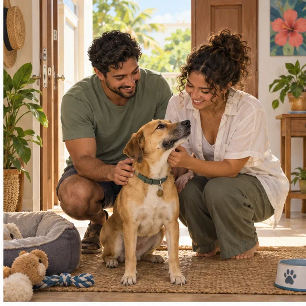 A couple welcomes a gentle dog into their home for a temporary foster stay.