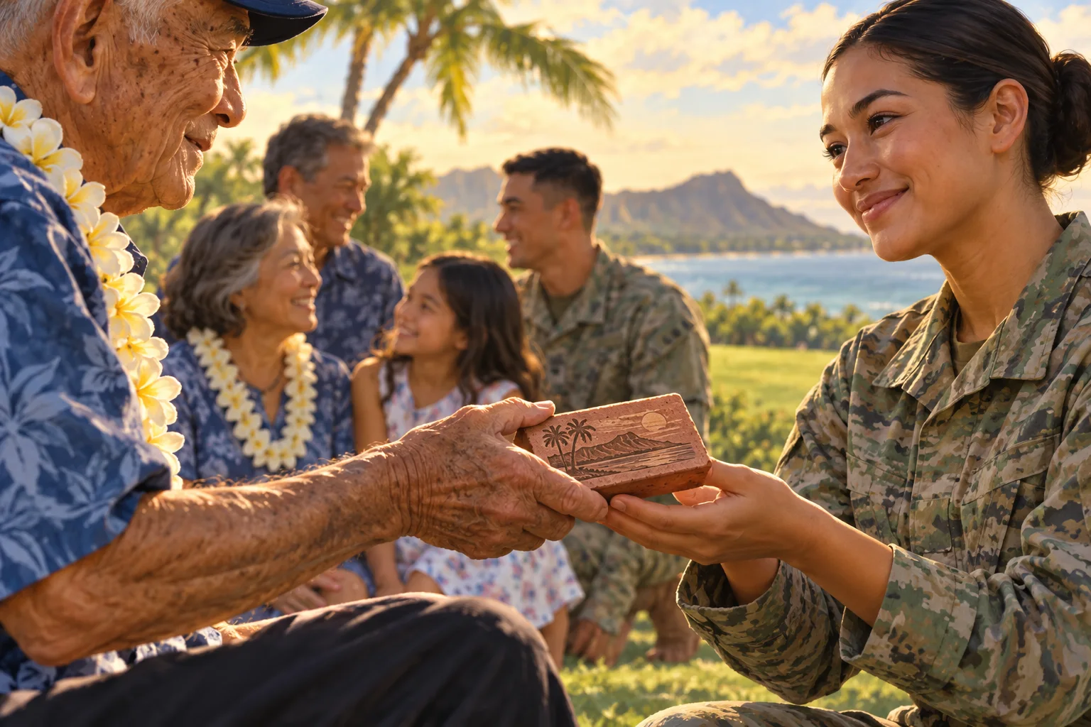 Editorial illustration of an older veteran and a younger service member sharing a commemorative keepsake while families talk nearby