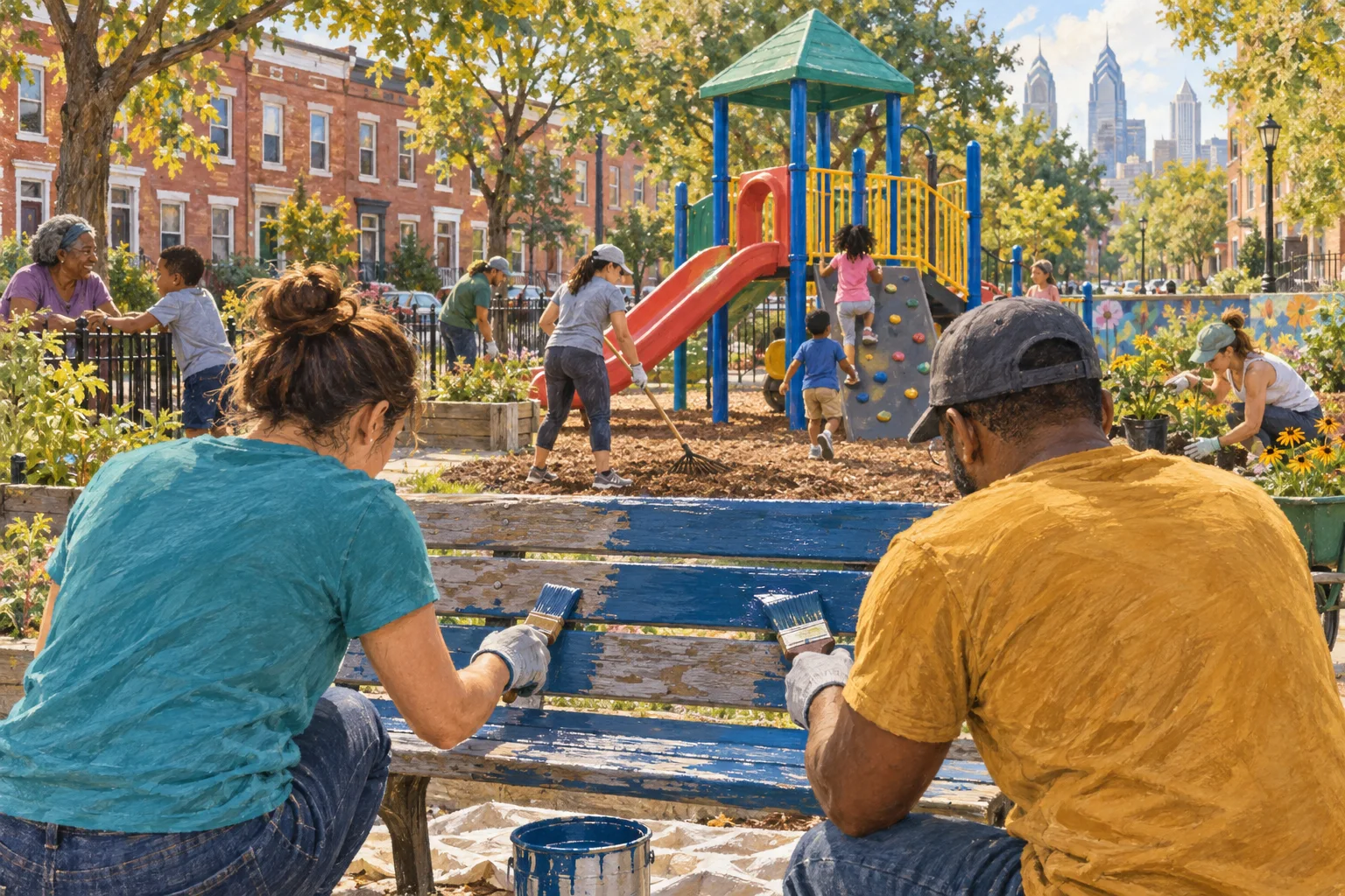 Two coworkers paint a bench at a Philadelphia playground during a neighborhood service day, an editorial illustration