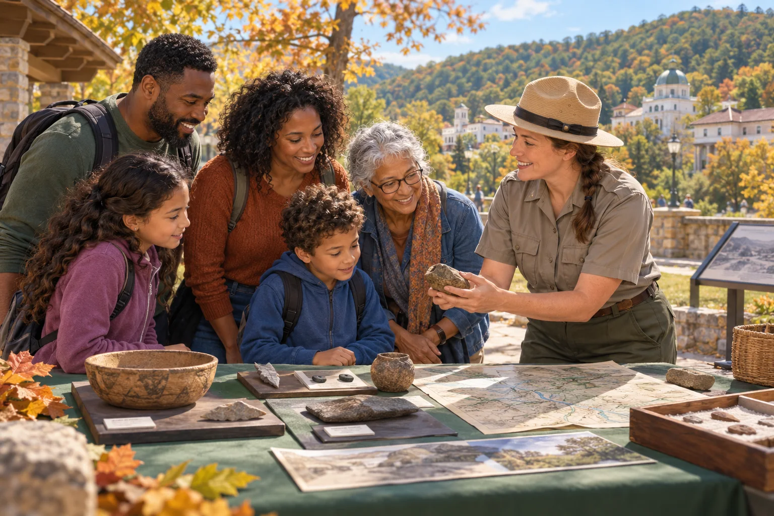 Editorial illustration of a family and park educator gathering around a hands-on archeology display in autumn.