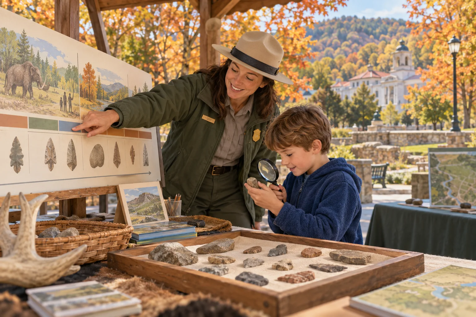 Editorial illustration of a park educator and young visitor exploring a hands-on archeology display under autumn trees.