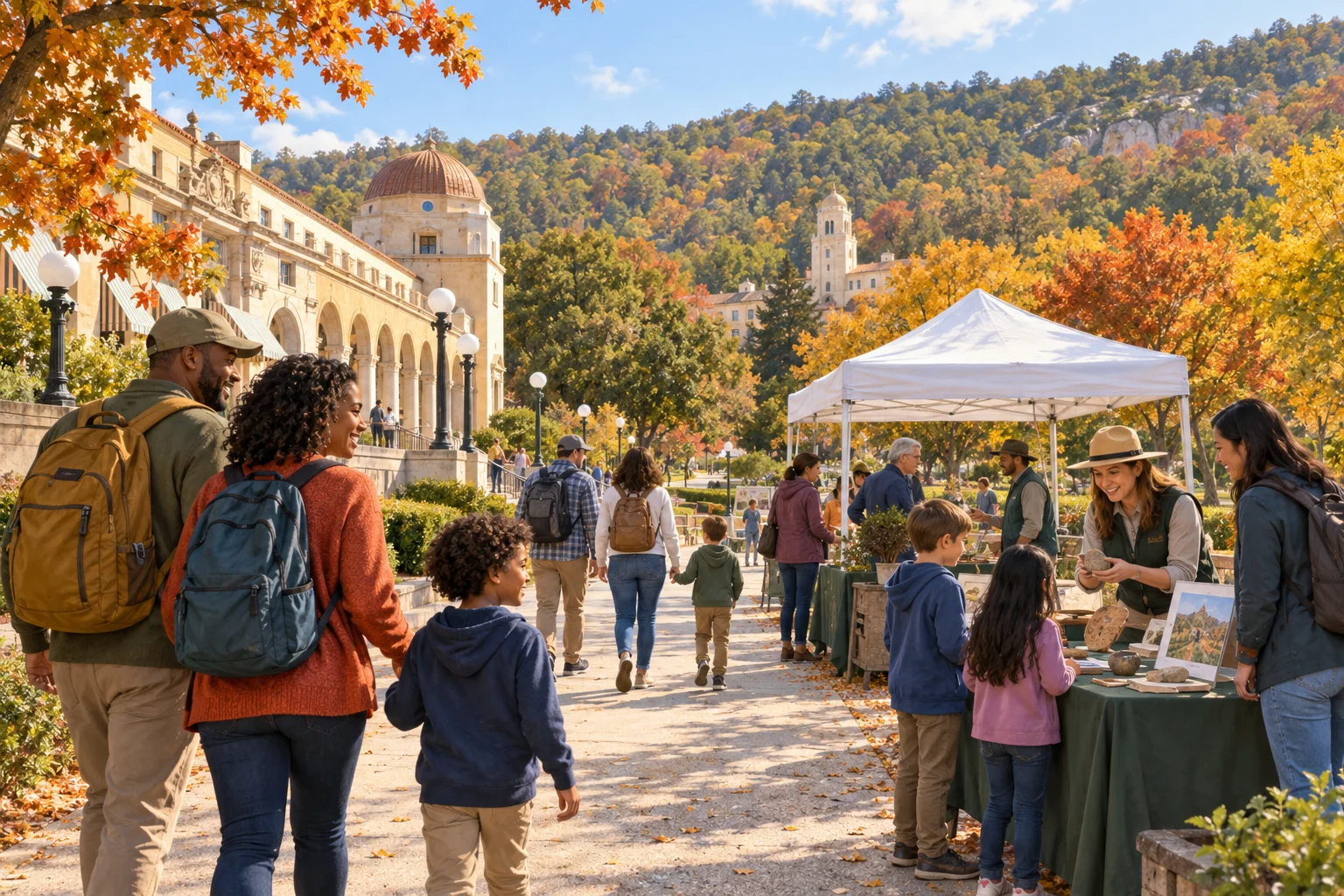 Editorial illustration of families arriving at an outdoor community learning day near historic bathhouse architecture and autumn hills.