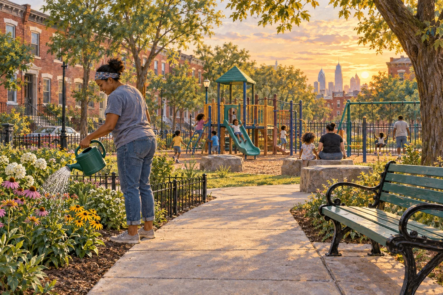 Families enjoying a refreshed Philadelphia playground beside flower beds and a clean path, an editorial illustration of the community space