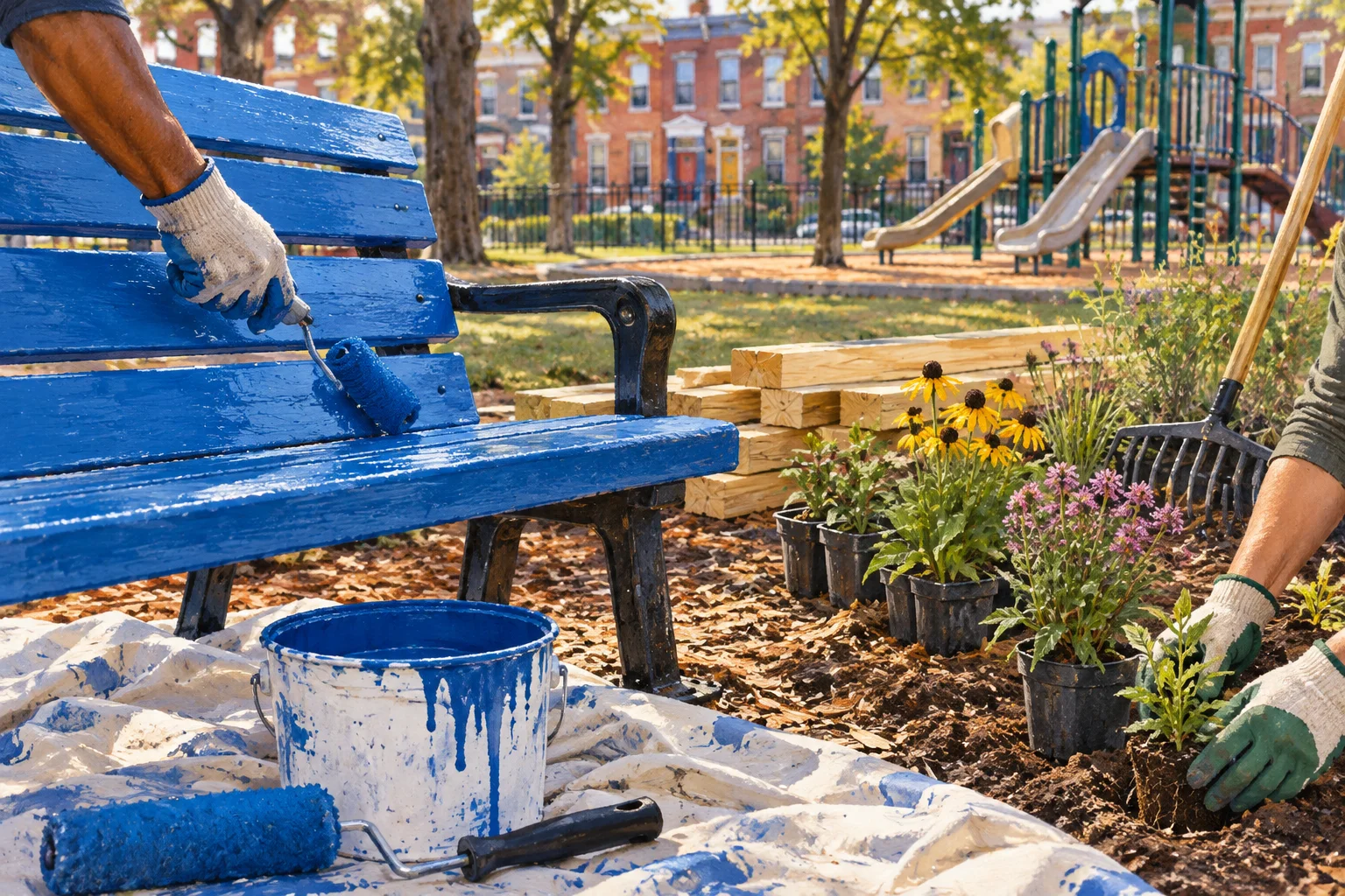 Paint and gardening supplies beside a freshly painted playground bench, illustrating the hands-on work of a community service day