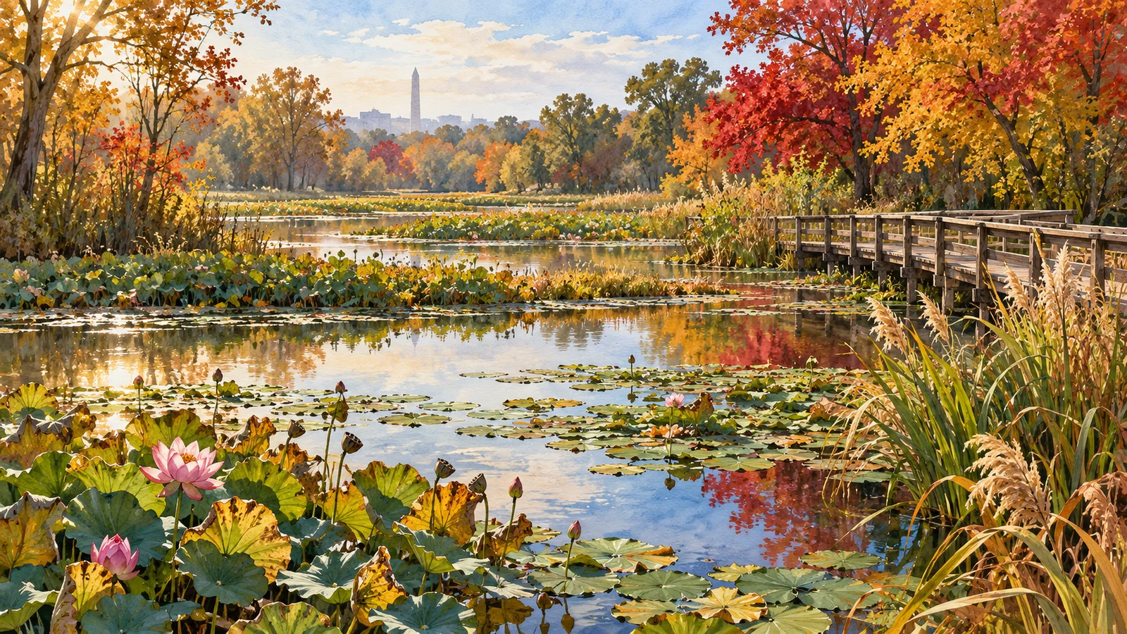 Autumn colors frame lily ponds and a boardwalk at an aquatic garden