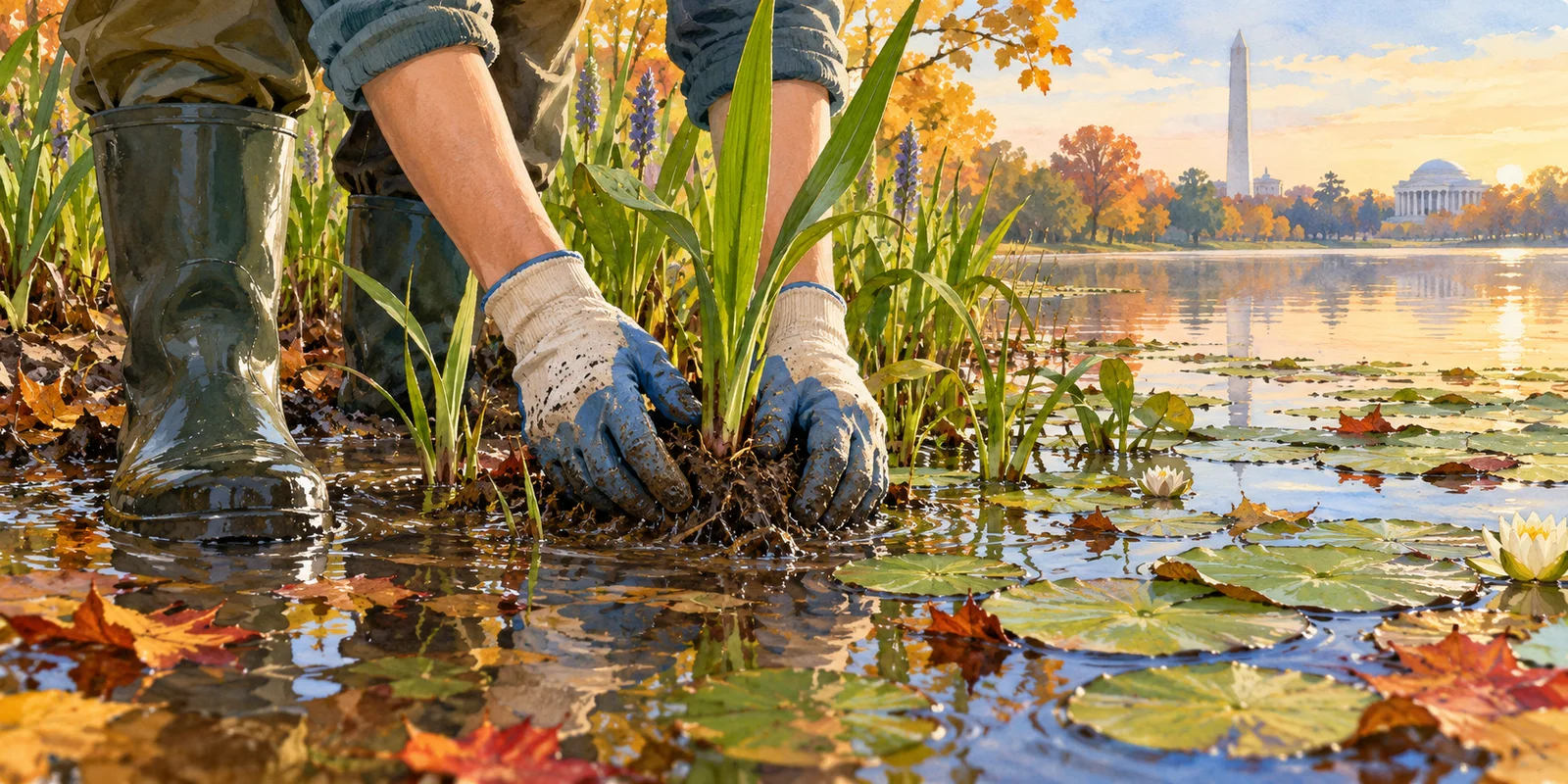 Gloved hands tend wetland plants beside a lily pond in the soft light of an autumn morning