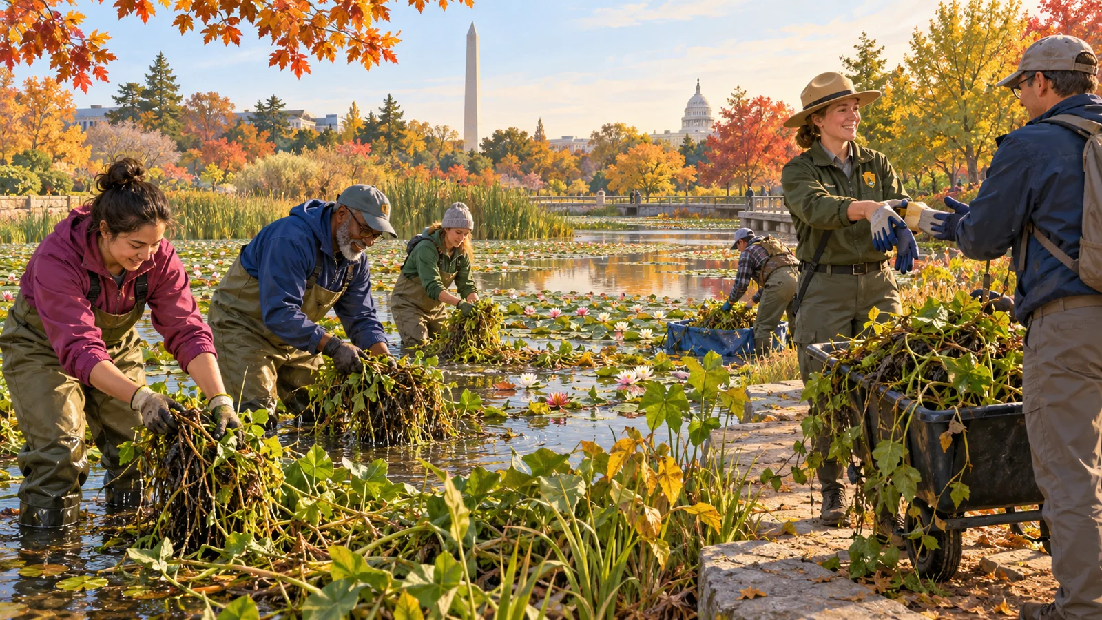 Community volunteers and a park ranger care for a lily pond at an urban aquatic garden in autumn