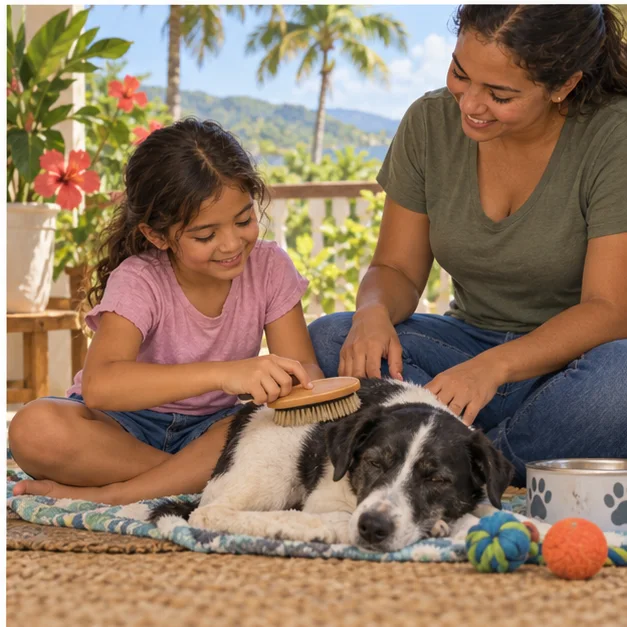 A child learns gentle pet care by brushing a calm dog with an adult nearby.