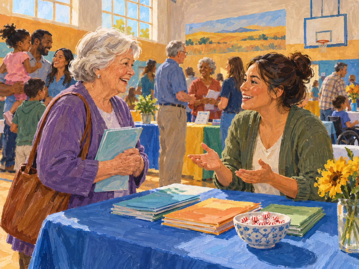 A retiree talks with a volunteer at a resource table during a community service fair