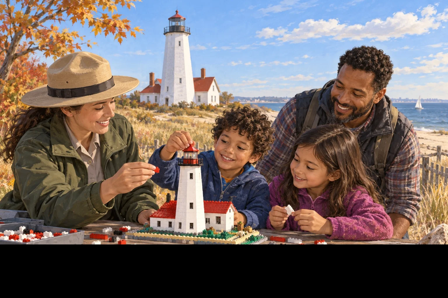 A park ranger and children build an interlocking-brick lighthouse model with Sandy Hook Lighthouse in the background.