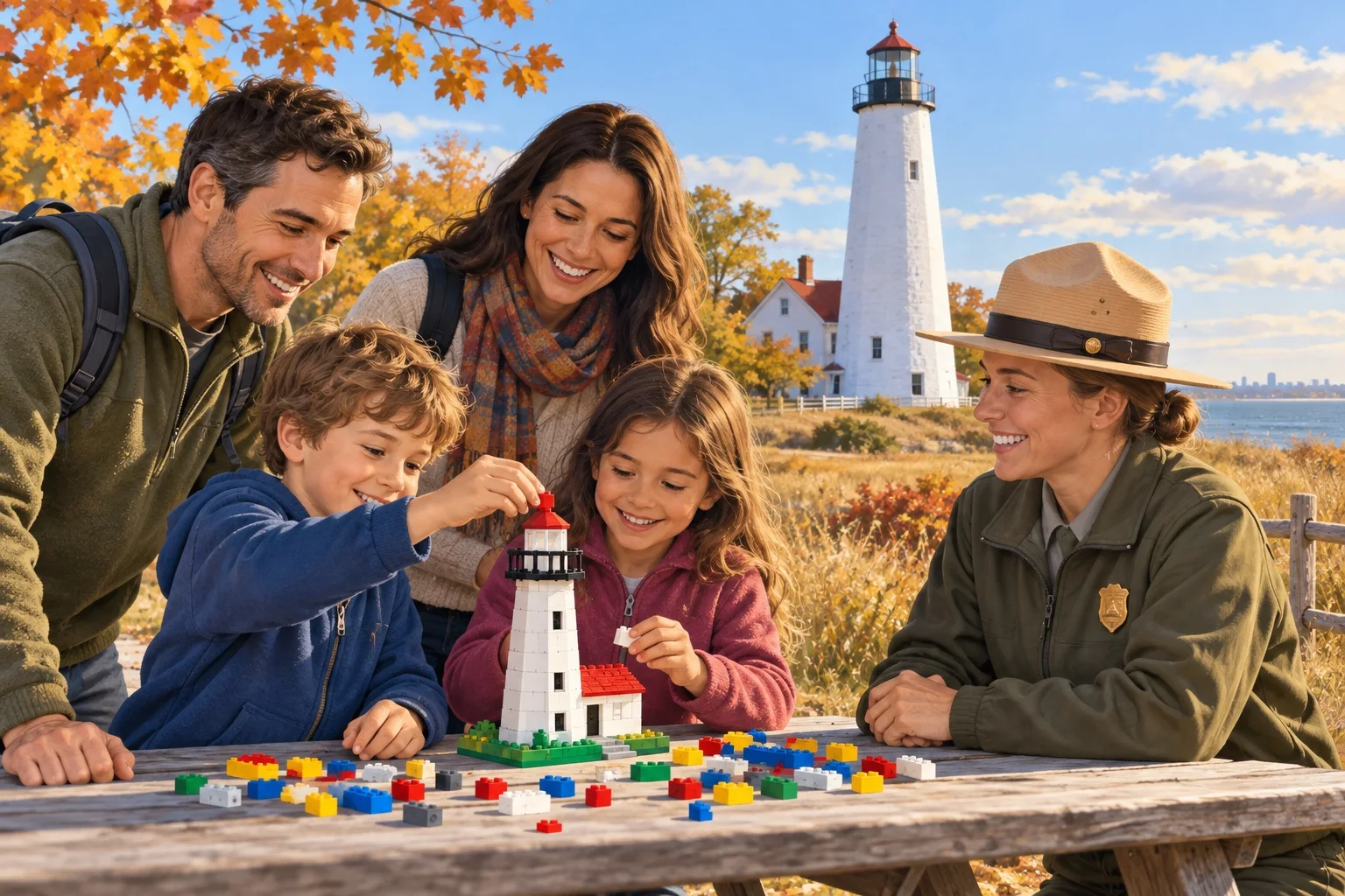 A family and park ranger build a lighthouse model beside the Sandy Hook Lighthouse on a sunny autumn afternoon.