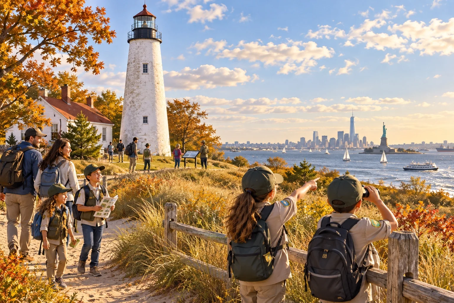Junior Rangers explore the grounds around Sandy Hook Lighthouse with New York Harbor beyond the dunes.