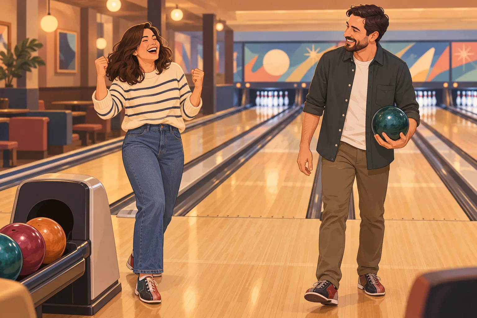 Editorial illustration of two friends sharing a lighthearted bowling game.