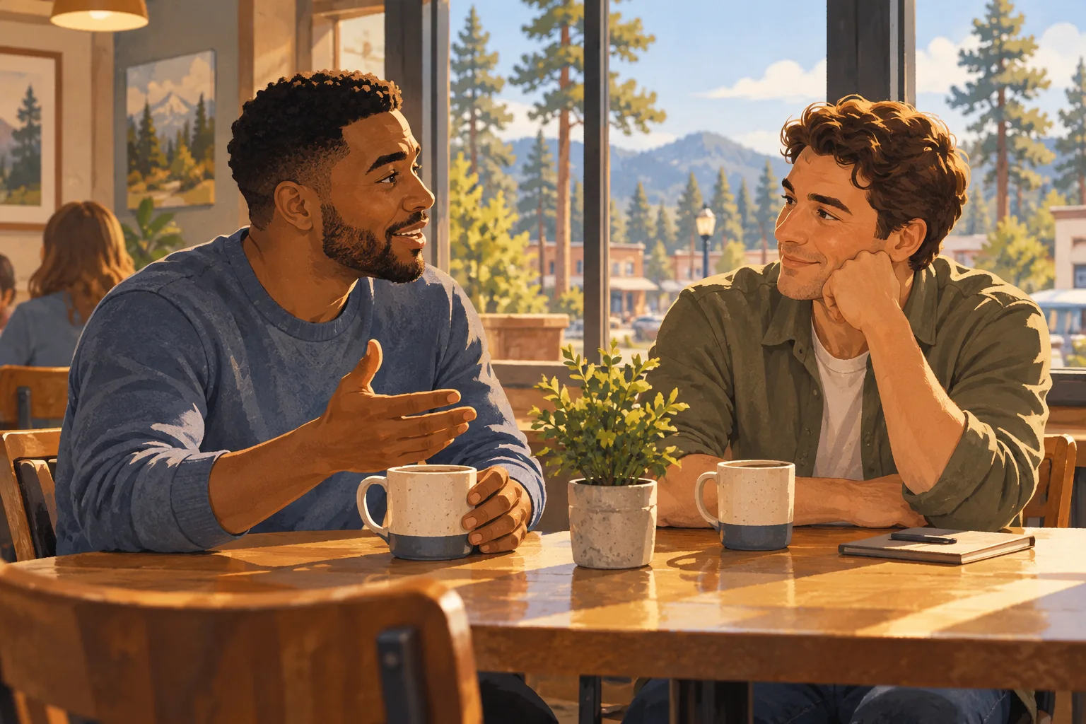 Editorial illustration of two friends talking over coffee in a Carolina cafe.
