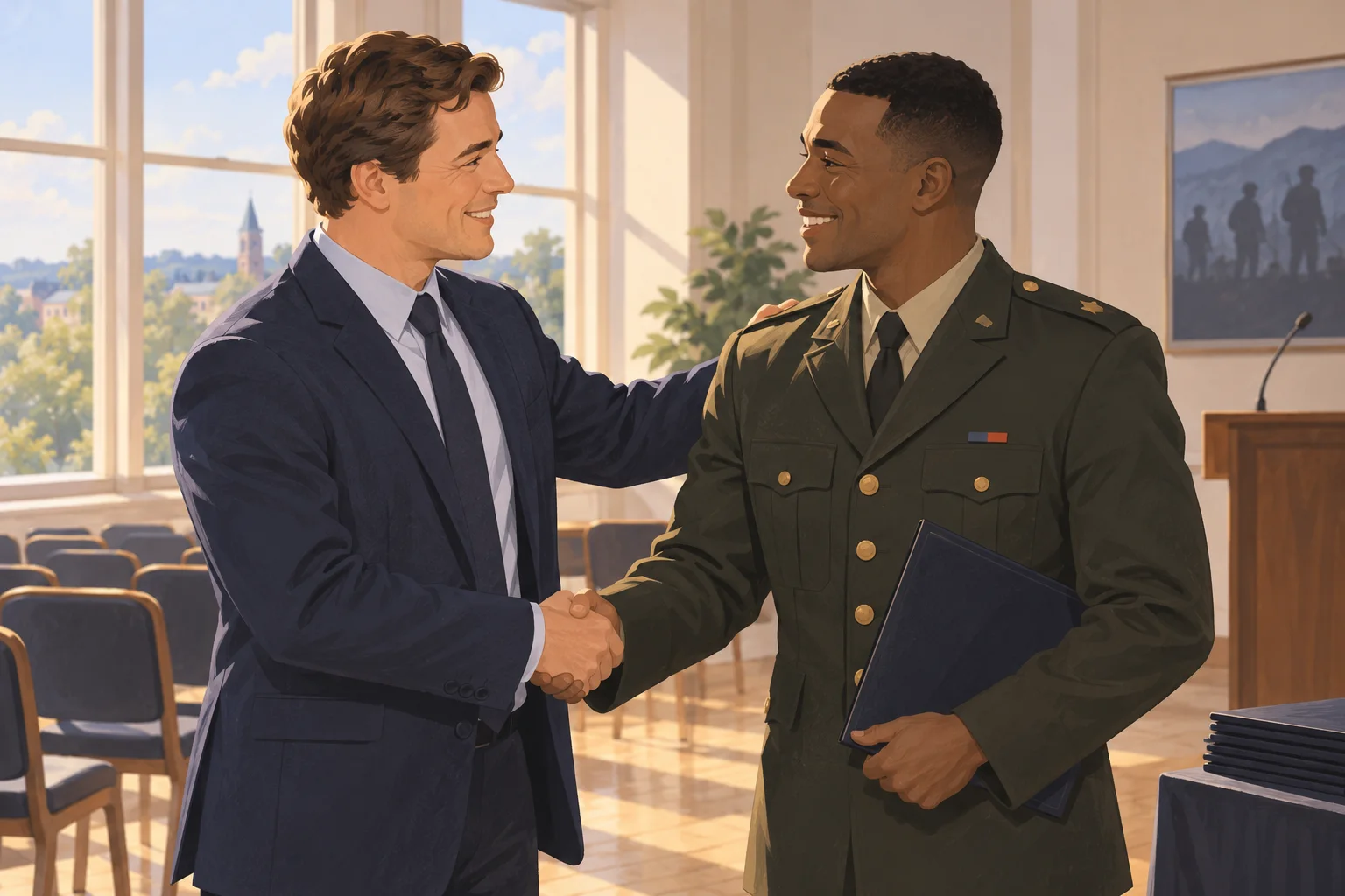 Editorial illustration of two adult friends greeting each other at a career milestone.