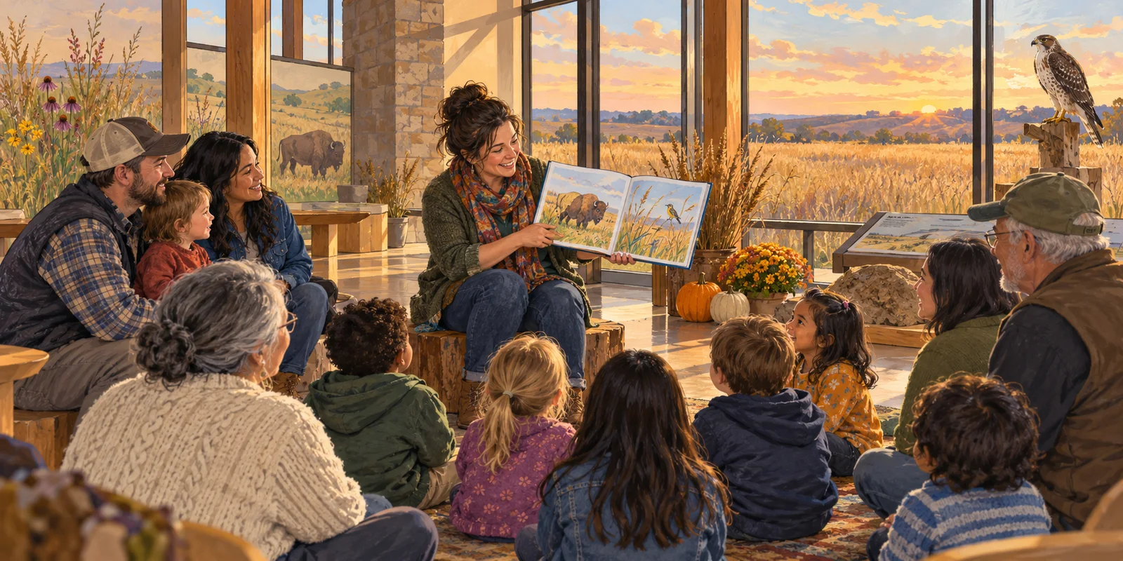 Editorial illustration of a storyteller sharing a picture book with children and parents inside a prairie visitor center.