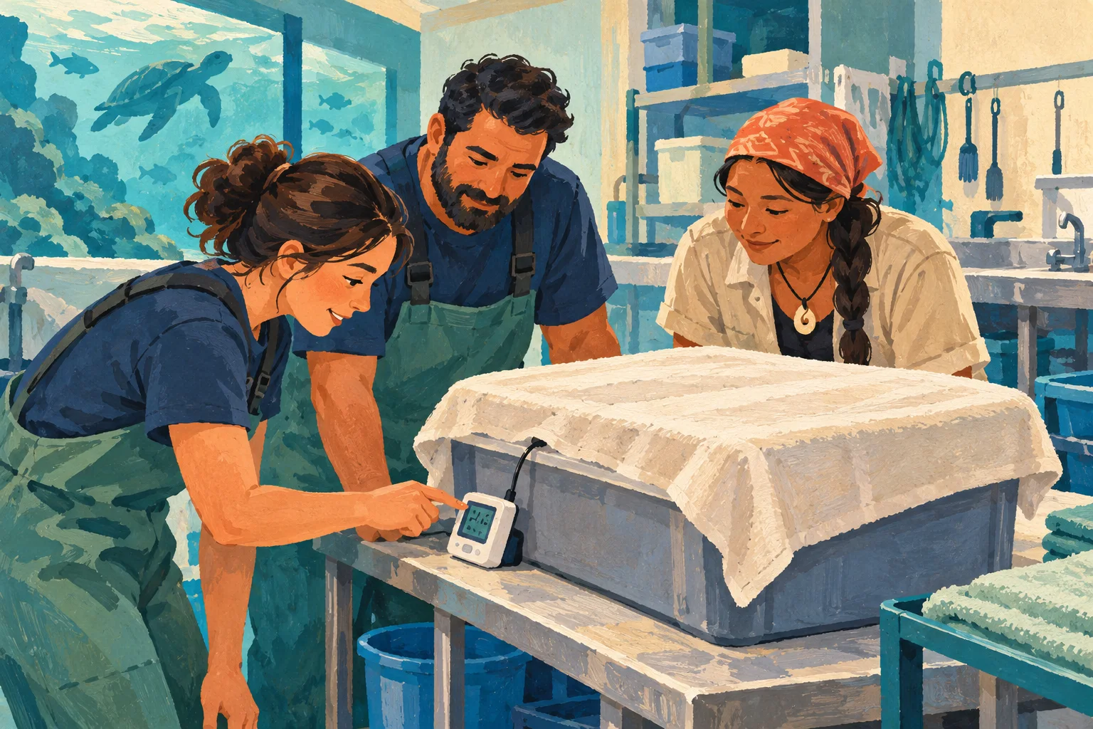 Editorial illustration of aquarium animal-care staff and community partners checking an incubation monitor together