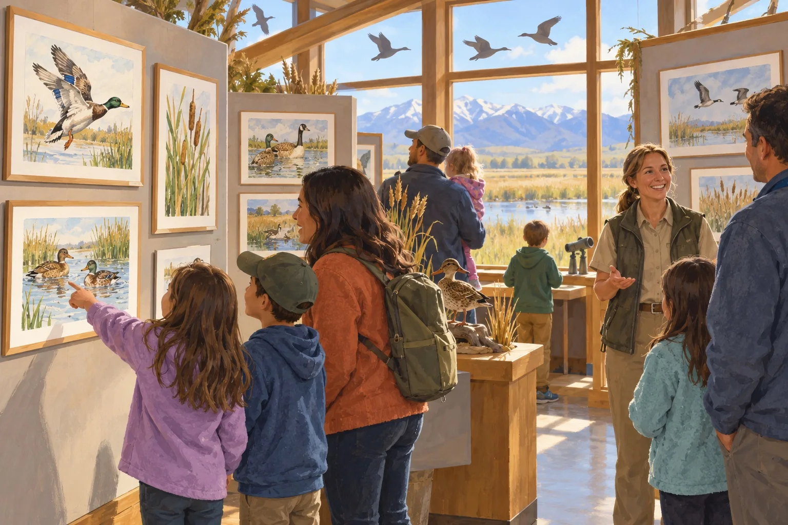 Families view student waterfowl paintings inside a sunlit Utah wildlife refuge gallery.