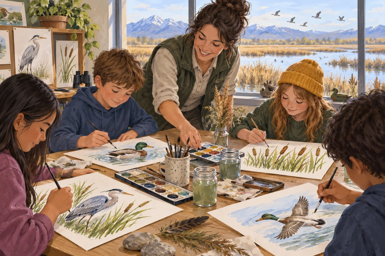 Young artists paint ducks and wetland plants at a shared classroom table with an educator nearby.