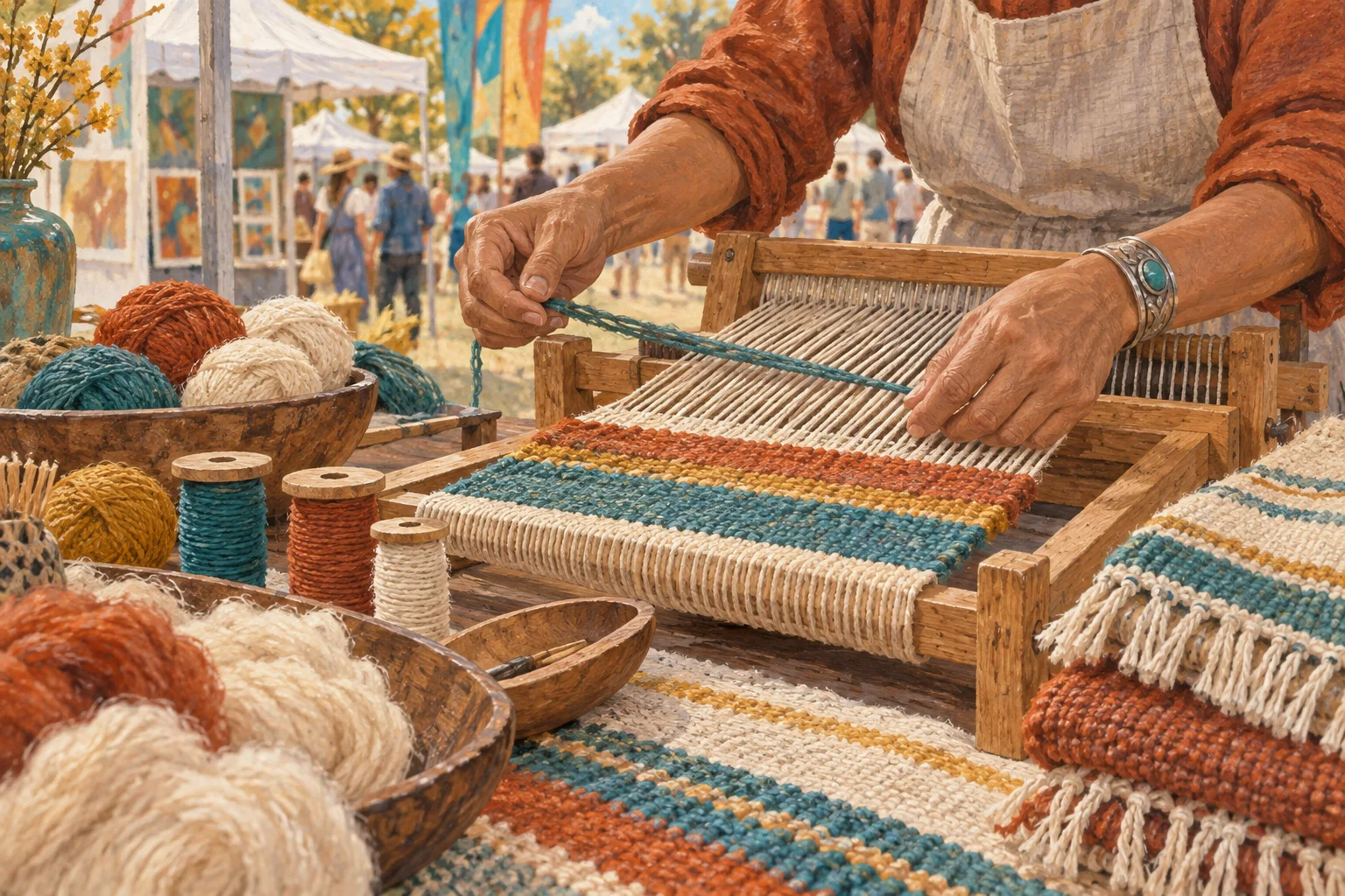 Editorial illustration of an artisan demonstrating yarn on a hand loom