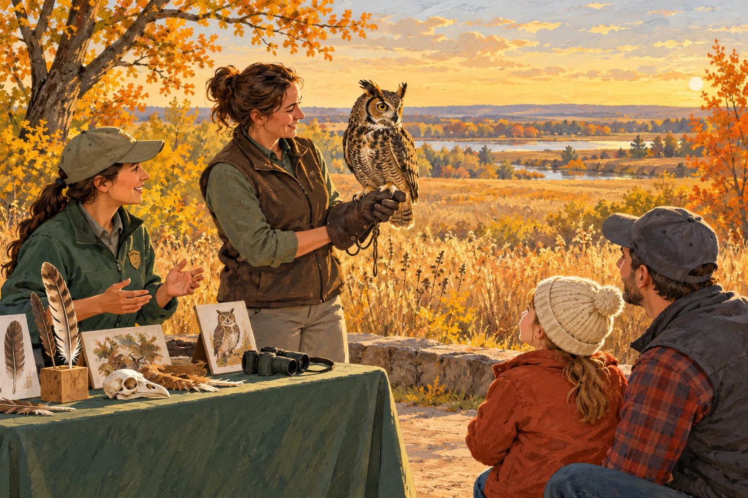 Editorial illustration of a naturalist sharing a calm wildlife-learning moment with a child and parent at an autumn prairie event.